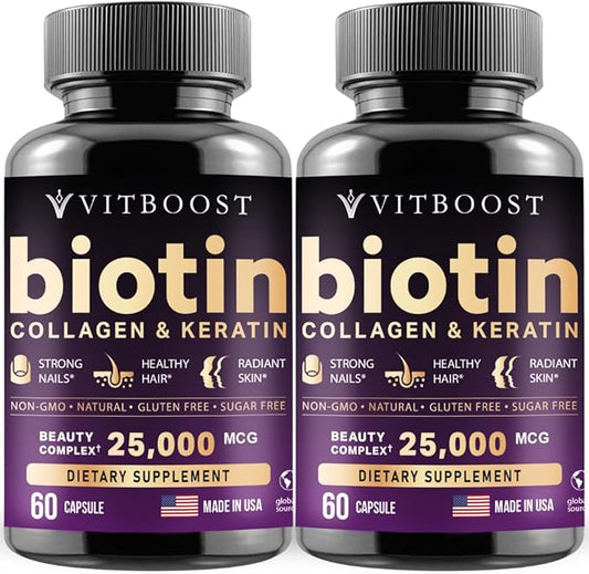 Biotin with Hyaluronic Acid, Collagen and Keratin – 25000 mcg Hair Growth Vitamins for Men and Women – Nails and Skin, USA Made - Third Party Tested, B1, B2, B3, B6, B7 Complex - 120 Capsules