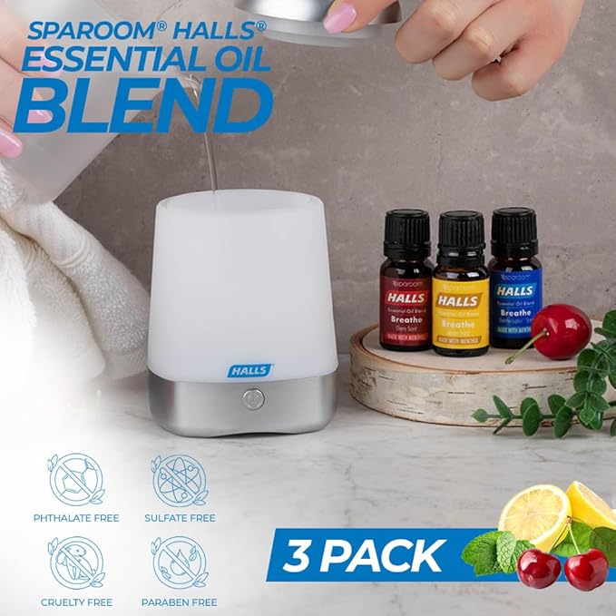 Halls Breathe Menthol with 100% Pure Essential Oils Blend for Diffusers and Aromatherapy, 10 mL, Mentho-Lyptus, Cherry and Lemon, Set of 3