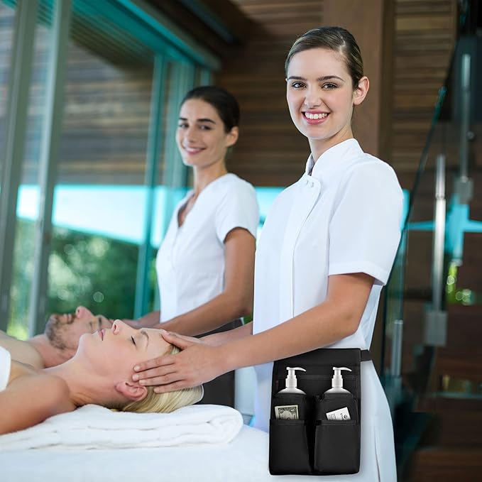 SITHON Massage Bottle Bag, Professional Massage Therapist Holster for 2 Bottles, Lotion Oil Waist Holder Organizer with Adjustable Belt, Multiple Pockets (Bag Only) (Black)