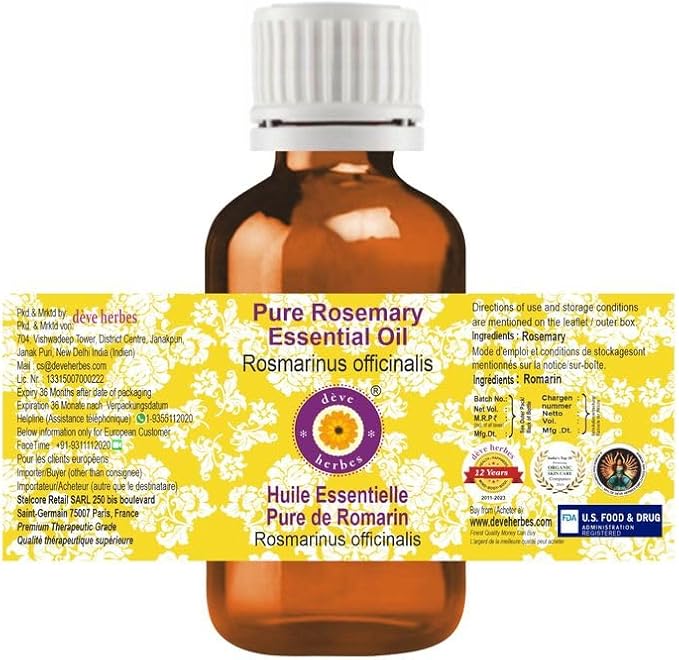 Deve Herbes Pure Rosemary Essential Oil (Rosmarinus officinalis) Steam Distilled 15ml (0.50 oz)