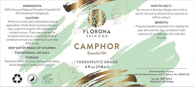 Florona Camphor Oil 100% Pure & Natural - 4 fl oz, for Hair, Face & Skin Care, Massage