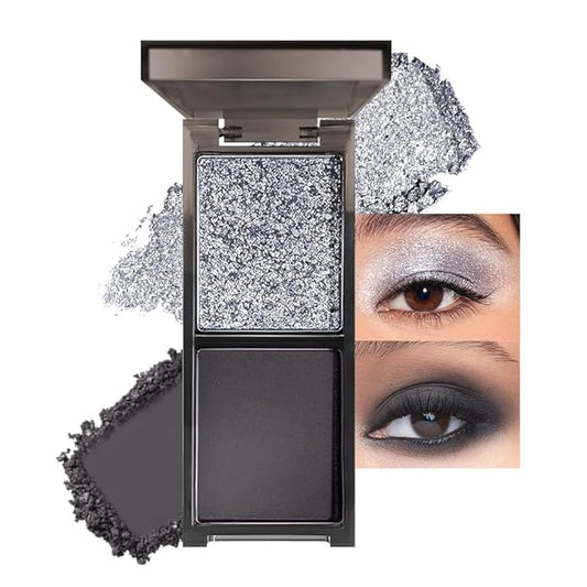 Gray Black Two Color Matte Shimmer Glitter Eyeshadow,Bright High Pigment Eye Shadow Powder,Professional Long-Lasting Waterproof Makeup Palette,Blendable,Easy-To-Apply and Compact for Travel