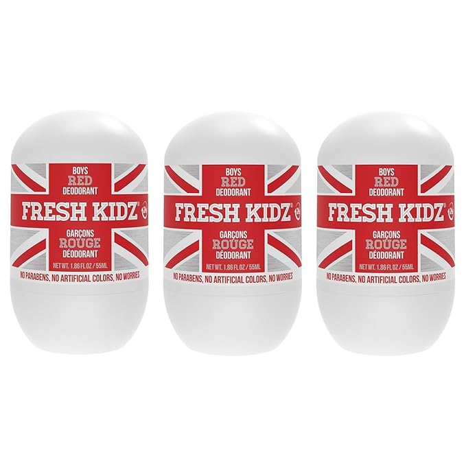 Fresh Kidz Roll On Deodorant for Kids and Teens - Baking Soda and Aluminum-free 24 Hour Protection for Sensitive Skin - Boys "Red" 1.86 fl.oz. (3 Pack)