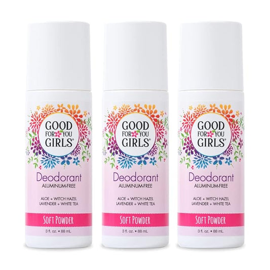 Good for You Girls Aluminum-Free, Natural & Vegan Deodorant for Kids, Preteens, Teens, Safe & Effective Odor Protection, Clear Roll-On, Natural Fragrance | Soft Powder, 3 oz (Pack of 3)