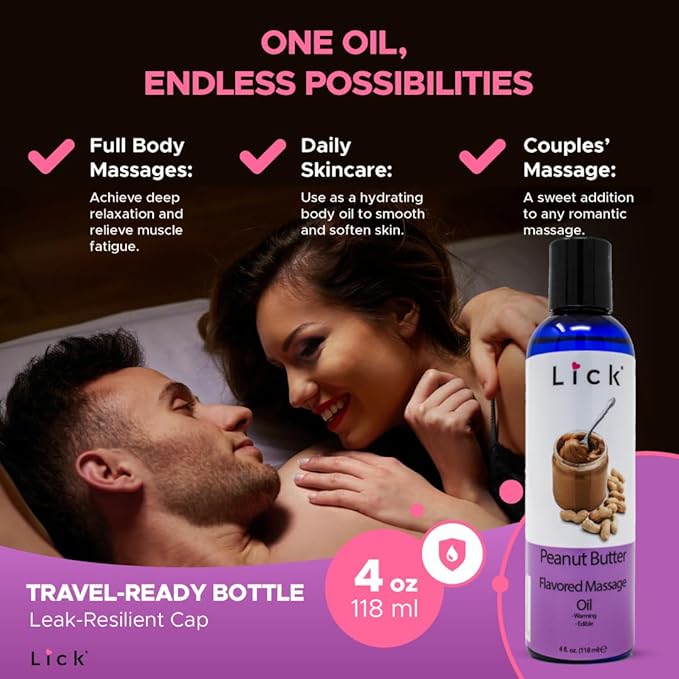 Lick Peanut Butter Flavored Massage Oil with Vitamin E, Coconut, Sweet Almond Oil for Lovemaking, Date Night, Nuru Yoni Massage Therapy, Safe & Edible 4 oz