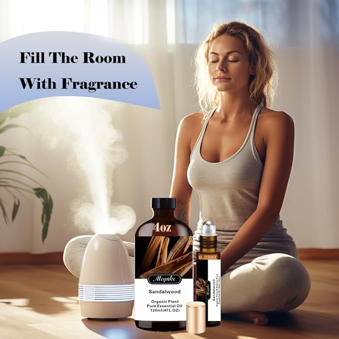 Sandalwood Essential Oil - 4 Fl Oz & Sandalwood Oil Roll On 10ML Essential Oil Set for Aroma Diffuser Home Fragrance Bath SPA Yoga DIY Candle Making Perfume Gift for Women