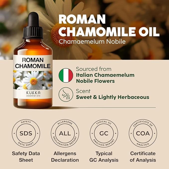 Kukka Roman Chamomile Essential Oil for Relaxation Diffuser, Skin & Body - 4 Fl Oz - 100% Pure Natural, for Aromatherapy & Soap Making Scent DIY