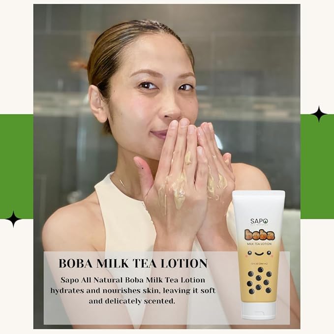 Boba Lotion with Aloe & Vitamin E - Gentle, Hydrating & Moisturizing For Hands, Body, Face & Kids - Caramel Milk Tea Scent, 12 Fl Oz