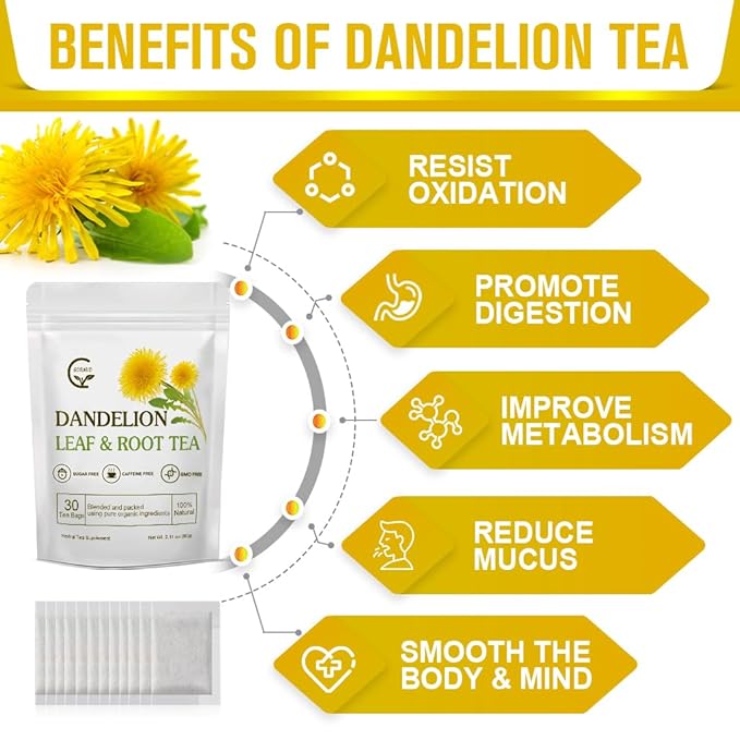 Organic Dandelion Leaf & Root Tea, Supports Kidney Function and Healthy Digestion, Caffeine Free, 30 Tea Bags