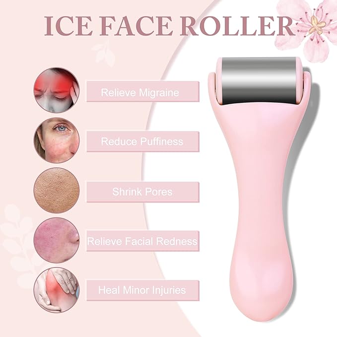 MAANGE Ice Roller for Face 1 Piece Stainless Steel Facial Roller Ice Face Roller for Puffiness,Migraine,Pain Relief and Skin Care (Pink)