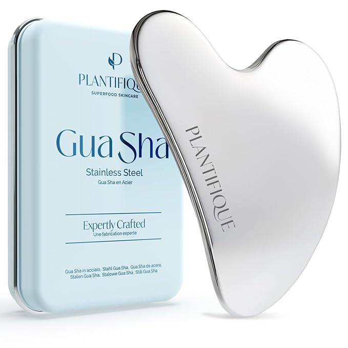 PLANTIFIQUE Gold Under Eye Patches for Puffy Eyes and Dark Circles 5 Pairs and Stainless Steel Gua Sha Facial Tool, Skin Massage Tool for Face, Body, Eyes, Neck, Heart Style with Travel Pouch
