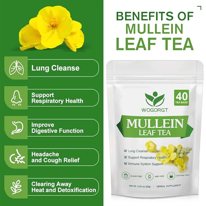 Mullein Tea Bags - Natural Mullein Leaf Tea for Lungs Cleanse and Respiratory Support, Caffeine Free - 40 Tea Bags