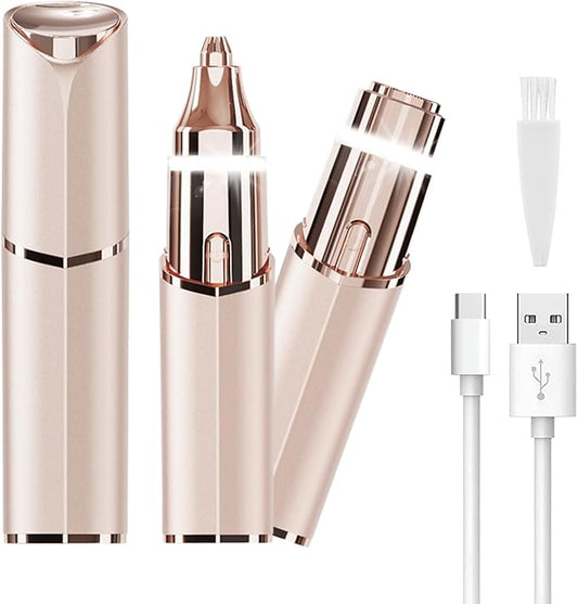 Facial Hair Removal Eyebrow Trimmer - Facial Shaver Device 2 in 1 Remover for Face Peach Fuzz Eyebrow Nose Ear Hair Chin Lips Armpit with LED Light Rechargeable for Women Men Travel Size (Gold)