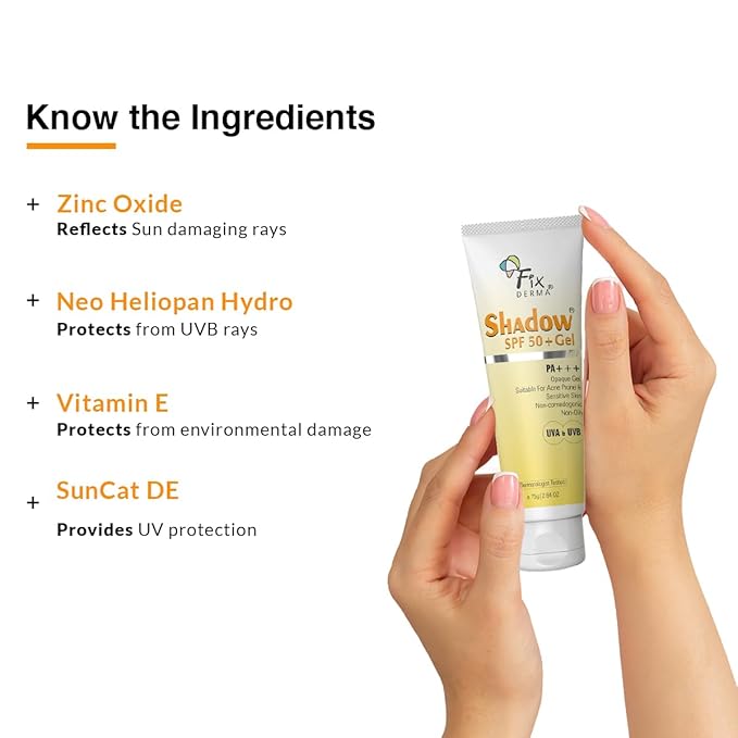 Fixderma Shadow SPF 50+ Gel, Titanium Dioxide & Zinc Oxide Sunscreen | Sunscreen for Face | SPF 50 Sunscreen & Broad Spectrum Sunscreen UVA and UVB Protection | Water Resistant Sunscreen - 2.64 Oz