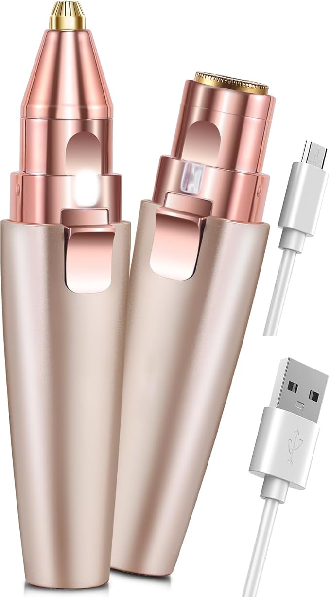 Hatteker Eyebrow Facial Trimmer, 2 in1 Rechargeable Hair Removal and Eyebrow Shaver - Face Lips Body Painless Razor with Built-in LED Light (Rose Gold)