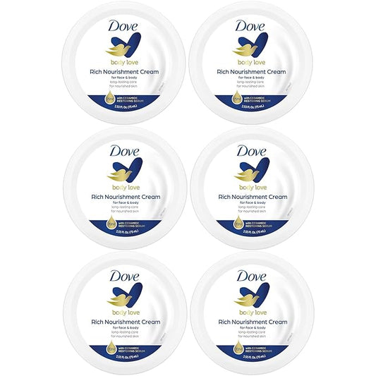 Dove Body Love Rich Nourishment Cream, Face, Hand & Body Lotion for Extremely Dry Skin, Fast-Absorbing 72-Hour Moisturizing Cream with Ceramide Serum, Travel Size, 2.53 Oz (Pack of 6)