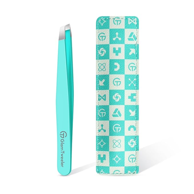 Expert Eyebrow Hair Removal Tweezer with Leather Case, GlamTweeler High Precision Slant Tip Stainless Steel Tweezers for Men and Women (Robin's Egg Blue)