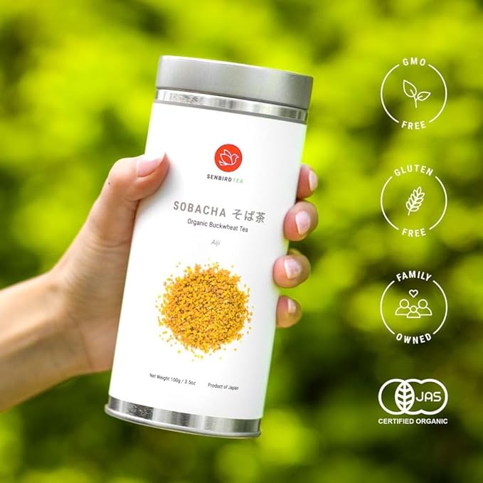 Senbird Organic Sobacha - Japanese Soba Buckwheat Tea - From Hokkaido - Loose Leaf in Airtight Tea Tin (3.5oz/100g)