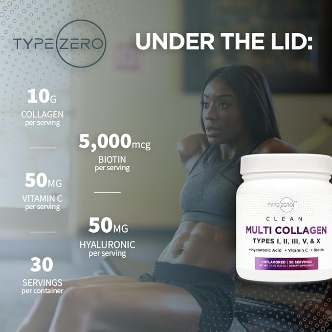 Type Zero Multi Collagen Powder 30 Servings (Unflavored) - Types I, II, III, V, & X Collagen Peptides + Hyaluronic Acid, VIT C, Biotin