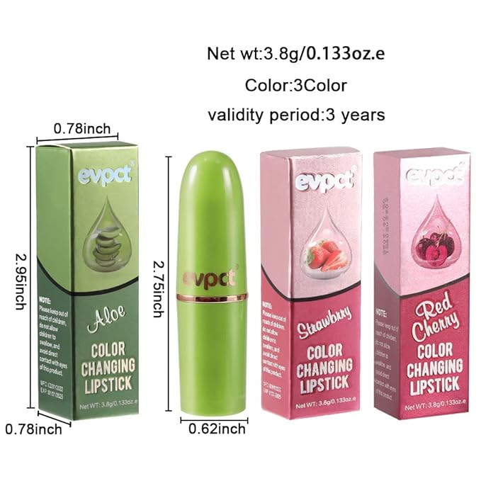 evpct 3Pcs Magic Color Changing Lipstick Long Lasting Waterproof 24 Hours Original for Women, Aloe Vera Strawberry Black Red Cherry PH Mood Permanent Color Changing Lipstick Lip Balm, labial magico
