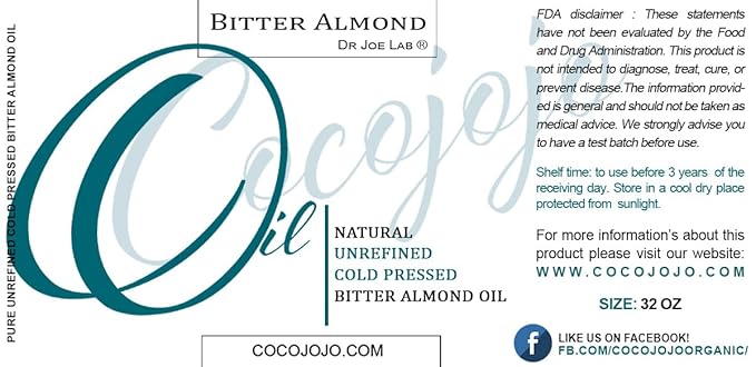 Dr Joe Lab Bitter Almond Oil - 32 oz - Pure Unrefined Cold Pressed Extra Virgin Non GMO All Natural, Vegan Bulk Carrier Oil Perfect for Body Hair Face Skin Nails Facial Hair DIY Cosmetics