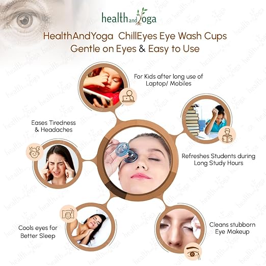 HealthAndYoga™ ChillEyes Colored Eye Wash Cups for Effective Eye Cleansing - with Storage Container - Eye Shaped Rim, Snug Fit (2 Pcs.) (1 Blue + 1 Orange)