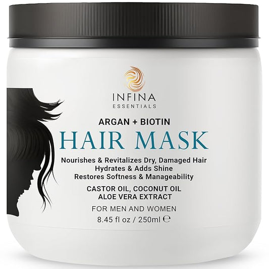 Argan Oil Hair Mask with Biotin - Intensive Hydrating Treatment & Deep Conditioning for Dry, Damaged Hair, Encourages Hair Growth - All Hair Types, Men & Women - 8.45 fl oz