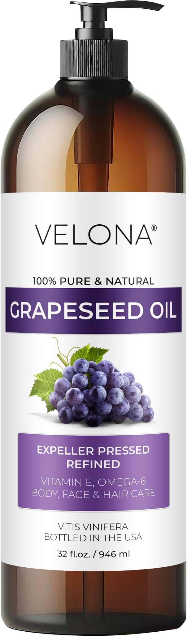Grapeseed Oil by Velona - 32 fl oz | 100% Pure and Natural Carrier Oil | Refined, Cold Pressed | Cooking, Skin, Face, Body, Hair Care | Use Today - Enjoy Results