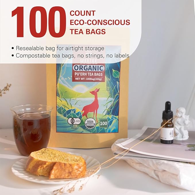 WT WEETEE Organic Puerh Tea Bags, Organic Ripe Pu'erh Tea 100 Count, Smooth, Subtly Sweet, Earthy Dark Tea Black Tea, Rich Antioxidants