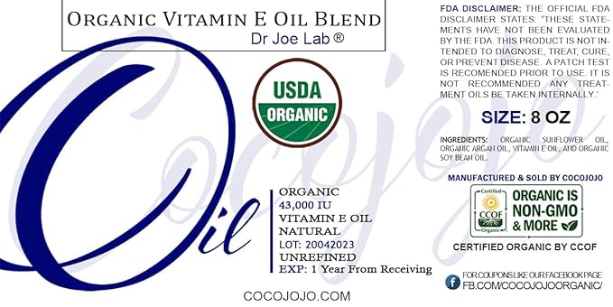 Dr Joe Lab Vitamin E Oil Organic Skin Hair Face Liquid Vitamin E Body 100% Pure Moisturizes Nourishes Non GMO Gluten Free 8 Oz
