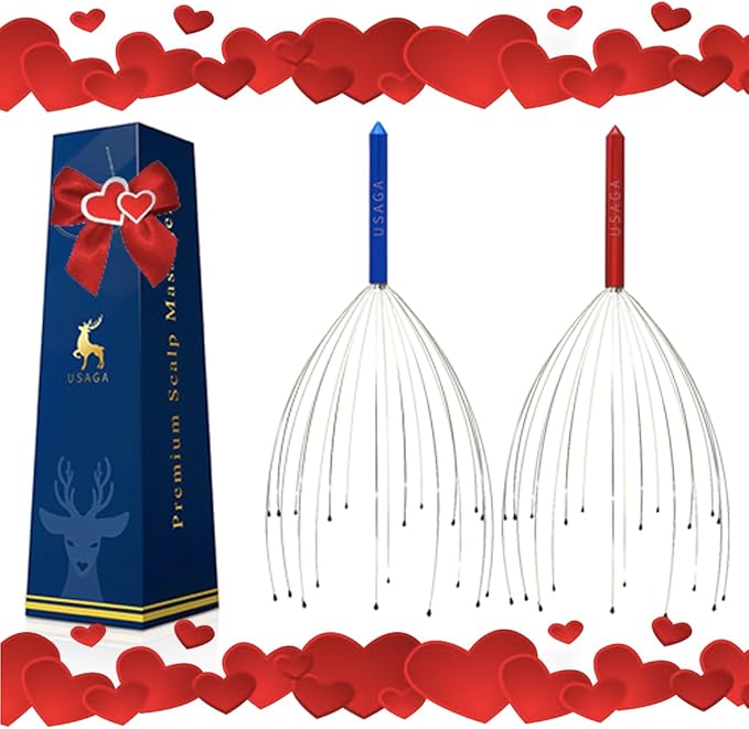 USAGA Head Massager Scalp Massager 20 Fingers Head Scratcher for Scalp Body Relaxing (Red & Blue)