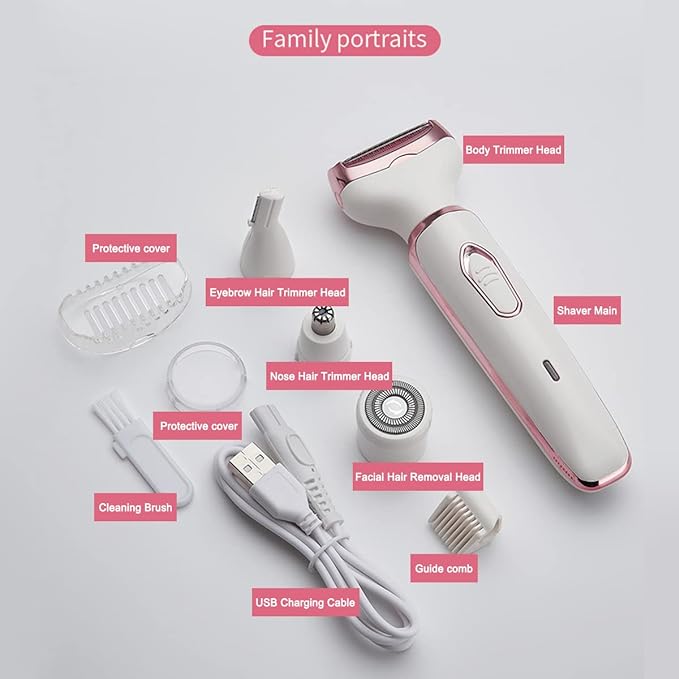 Bikini Trimmer for Women, Electric Razor Hair Shaver for Face Nose Eyebrow Beard Mustache Arm Leg Armpit Bikini, Replaceable Lady Facial Razor, Painless Rechargeable 4 in 1 Women Body Shaver for Trip