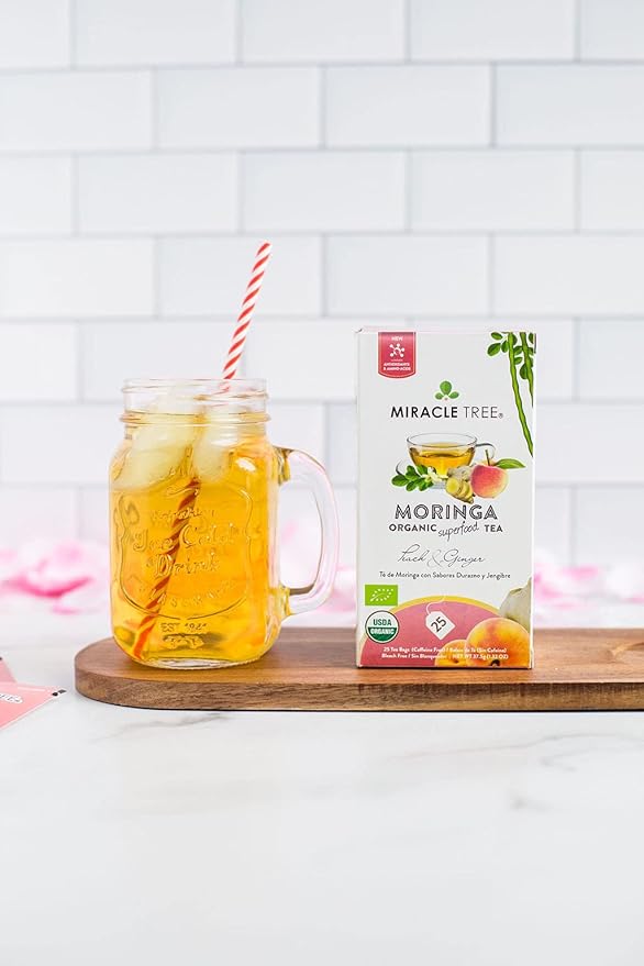 Miracle Tree - 3 Count of Organic Moringa Superfood Tea, 25 Individually Sealed Tea Bags, Peach & Ginger (Keto, Detox, Energy/Immunity Booster, Vegan, Gluten-Free, Organic, Non-GMO, Caffeine-Free)