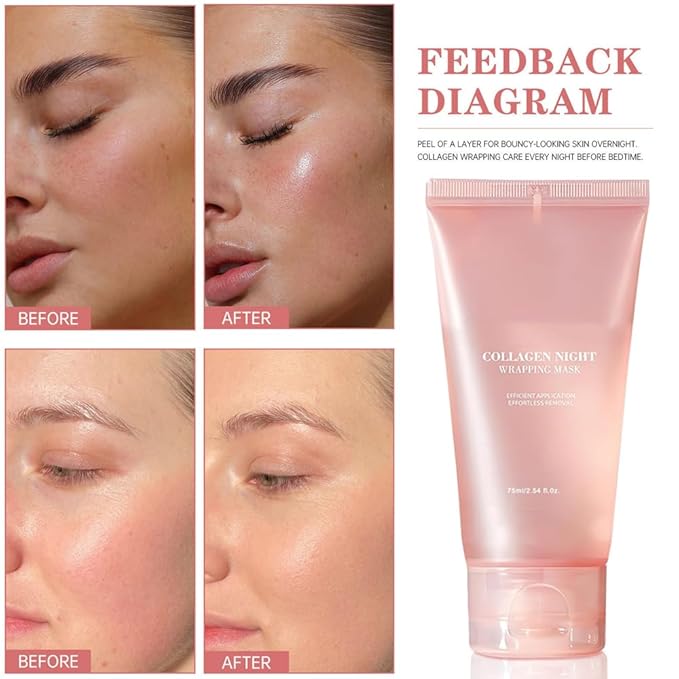 Collagen Overnight Wrapping Peel Off Facial Mask Pack,Collagen Night Wrapping Mask,Hydrates and Tightens Skin,Reduces Sagging,Elasticity & Hydration Care 2.54 fl.oz (with Brush)