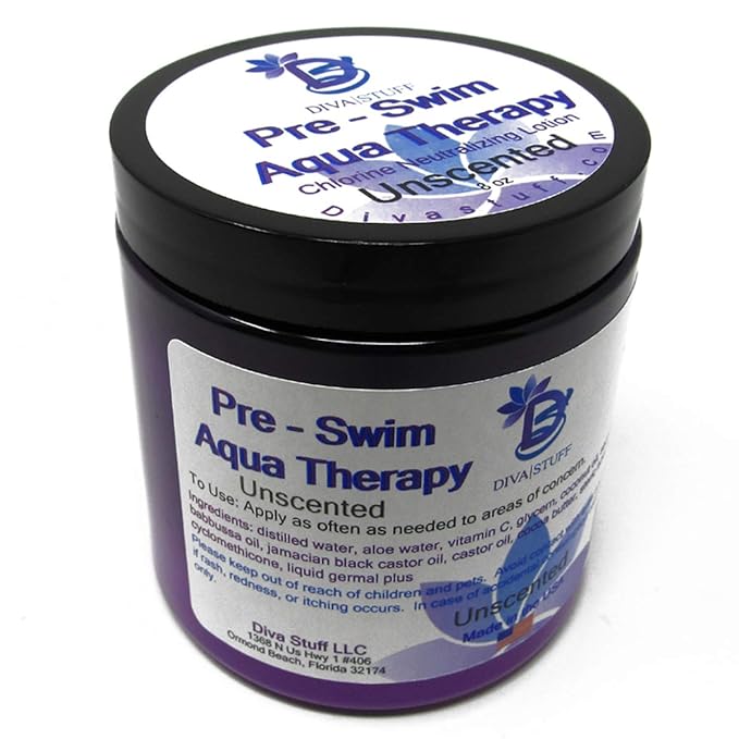 Diva Stuff Pre-Swim Aqua Therapy Chlorine Neutralizing Body Moisturizing Lotion for Swimmers, Protects Skin from Chlorine & Salt Water, 8 oz - Made in the USA, Unscented