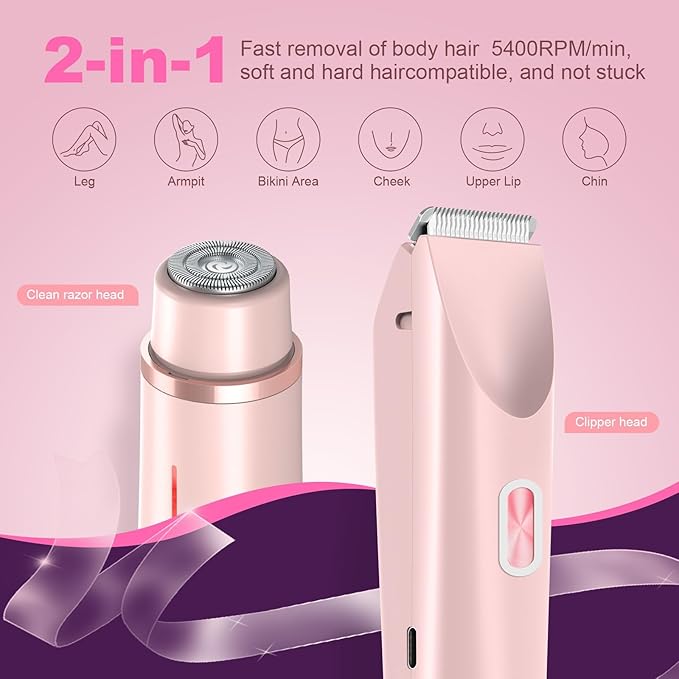Glow Aura Womens Shaver 2 in 1, Electric Razor, Painless Hair Removal for Face,Body Waterproof Wet & Dry Use Body Hair Trimmer (Pink)