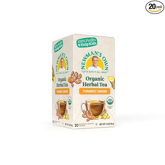 Newman ’s Own Organic Turmeric Ginger Herbal Tea Caffeine-Free May Aid Digestion and Boost Immunity Turmeric Tea with 20 Individually Wrapped Tea Bags Per Box USDA Certified