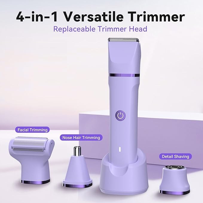 Electric Razors for Women - 4 in 1 Bikini Trimmer for Women, Waterproof Body Pubic Shaver for Womens Wet & Dry Use, Replaceable Facial & Nose Hair Trimmer, Rechargeable Hair Removal Kit, Purple