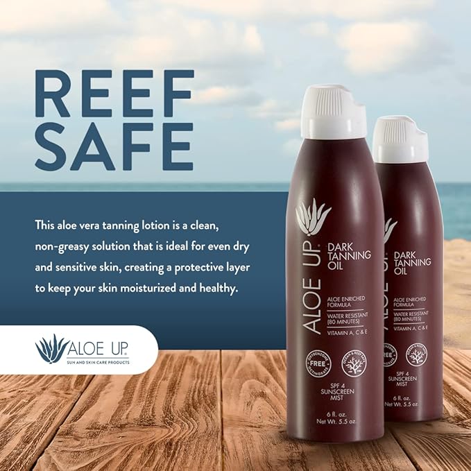 Aloe Up SPF 4 Dark Tanning Oil - Body and Face Tanning Continuous Spray for Outdoor Sun - With Sunscreen, Pure Aloe Vera, and Natural Oils - Dries Clear - Reef Friendly - Fresh Tropical Scent - 6 Oz
