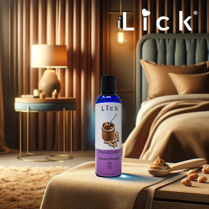 Lick Peanut Butter Flavored Massage Oil with Vitamin E, Coconut, Sweet Almond Oil for Lovemaking, Date Night, Nuru Yoni Massage Therapy, Safe & Edible 4 oz