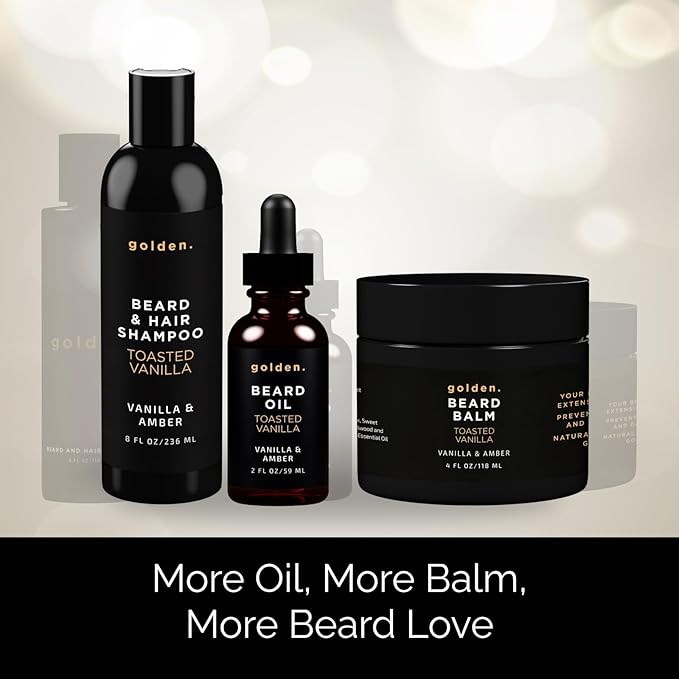 Golden Grooming Co. Everyday Beard Bundle – Complete Beard Care Set | Includes Beard Oil, Balm & Shampoo (XL, Toasted Vanilla)