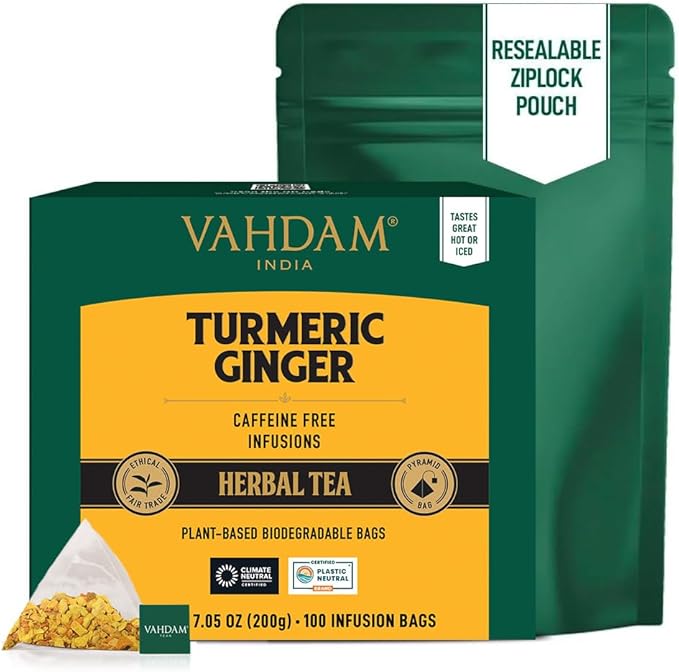 VAHDAM, Organic Turmeric Ginger Herbal Tea Bags (100 Pyramid Tea Bags) Caffeine Free, Non GMO | 100% Pure Herbal Blend - Savory & Spicy, Plant-Based Teabags | Resealable Ziplock Pouch