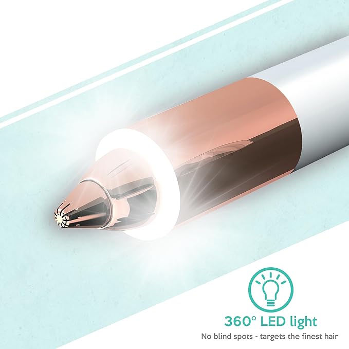 2-in-1 Portable Rechargeable Painless Eyebrow Trimmer & Facial Hair Remover, removes Eyebrow, face, Lips and Body Hair for Women. 18K Gold Plated Hypoallergenic Heads, 360° LED Light for Hair Remover