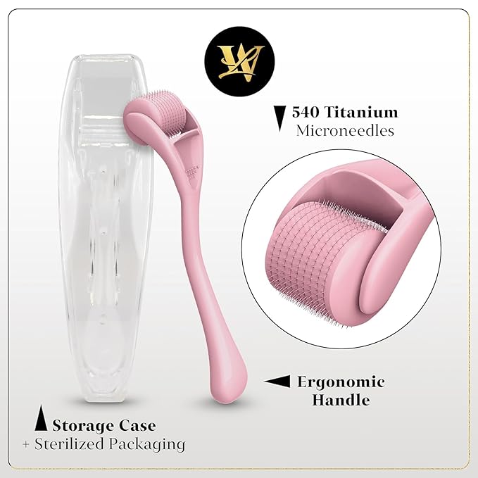 Derma Roller for Skin, Hair & Beard – Women and Men Titanium Microneedling Roller for Face & Scalp, Safe & Easy to Use - Pink