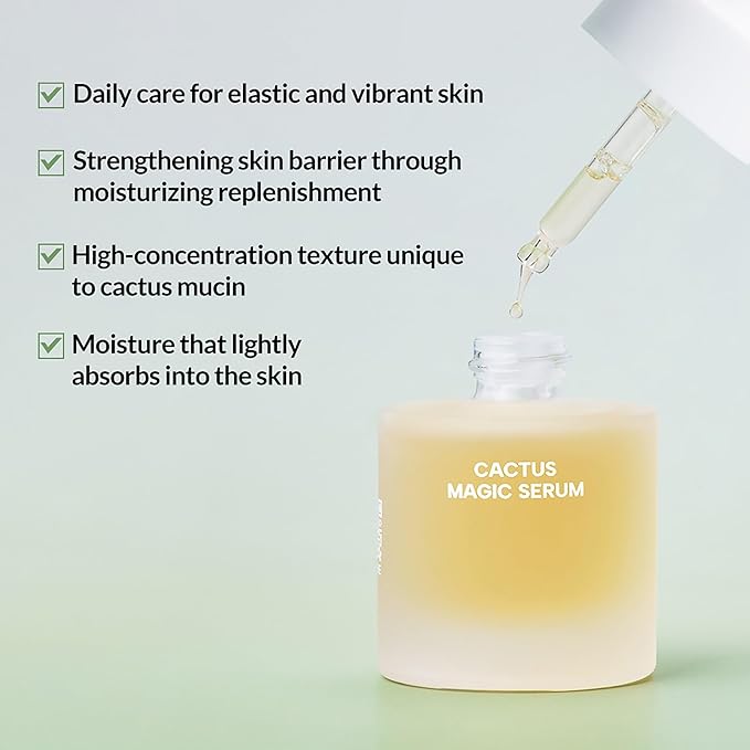Whamisa Organic Cactus Magic Serum, Anti-Wrinkle & Brightening, Rejuvenation, Strengthen Skin Barrier, Probiotics, Hydrating, Facial Ampoule, Pore Refining (32ml)