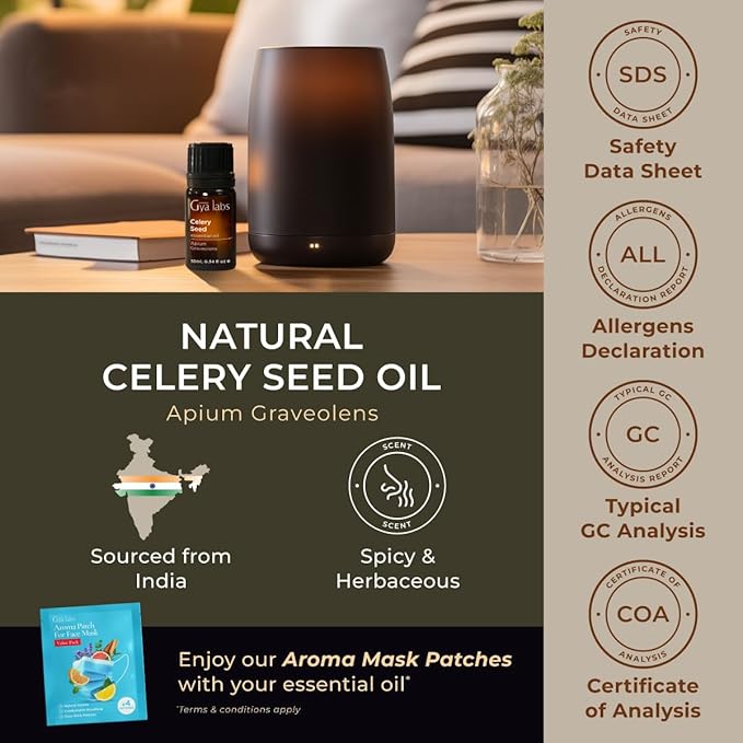 Gya Labs Celery Seed Essential Oil for Diffuser - 0.34 Fl Oz - 100% Pure Natural Celery Seed Oil for Skin & Face, Massage, Candle Making Scent DIY