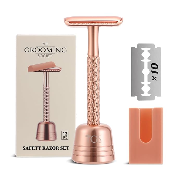 Double Edge Safety Razor for Women Rose Gold with Stand and Silicone Cover - Durable Metal Eco-Friendly Single Blade Safety Razor with 10 Blades- Closed Smooth Shave