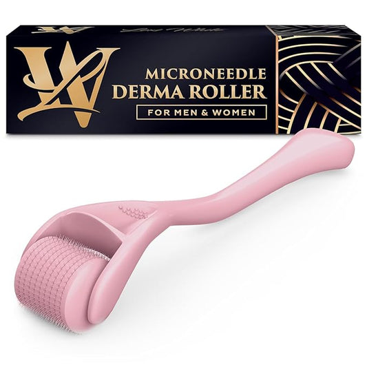 Derma Roller for Skin, Hair & Beard – Women and Men Titanium Microneedling Roller for Face & Scalp, Safe & Easy to Use - Pink