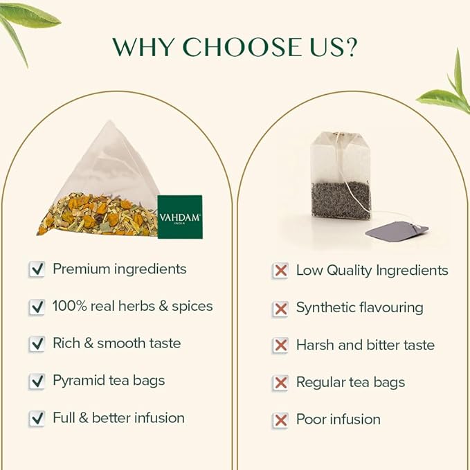 VAHDAM, Turmeric Ashwagandha Herbal Tea Bags (100 Count) Caffeine Free, Non GMO, Gluten Free | 100% Pure Herbal Blend - Sweet & Earthy | Whole Leaf Tea Bags | Resealable Ziplock Pouch