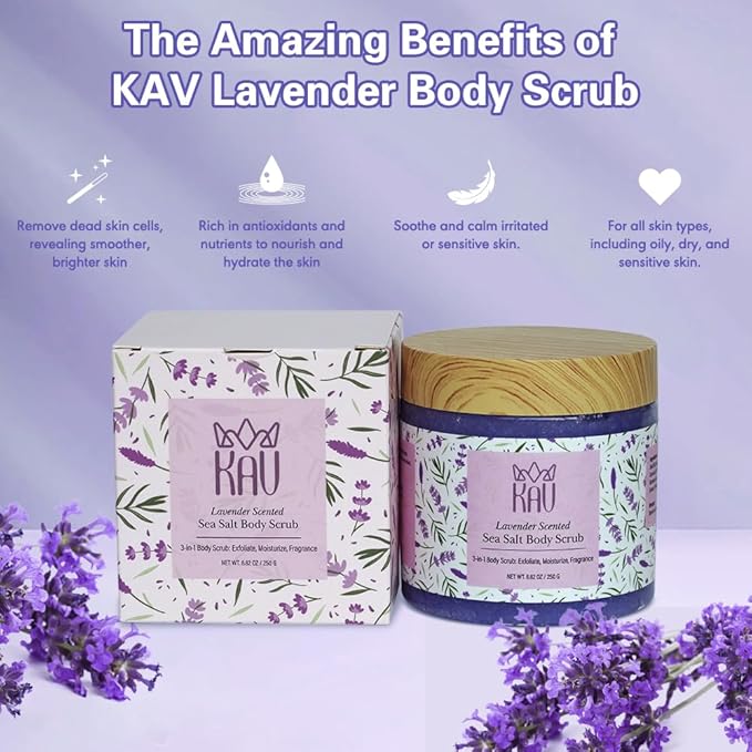 KAV Salt Body Scrub - Natural Exfoliating Salt Scrub for Body and Face, Helps with Moisturizing Skin, Dead Cell Removal, Rejuvenation and Relaxation, 4 Scents (Lavender)